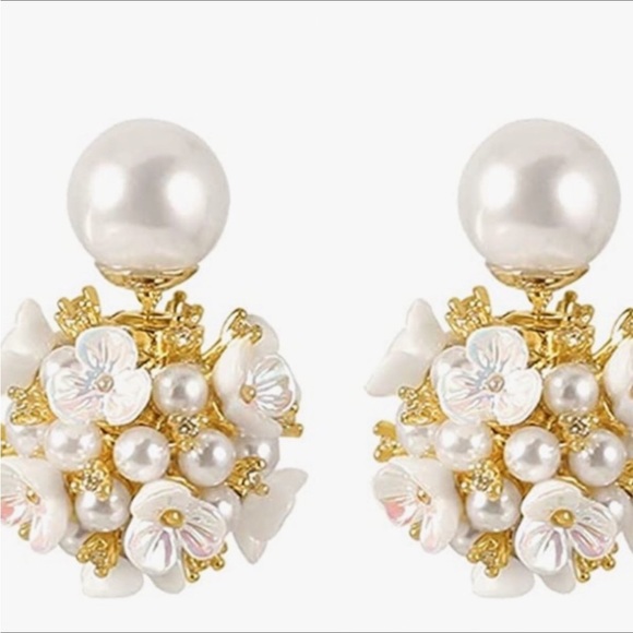 Shell Flower Ball Pearl Double Sided Stud Front Back Earrings - Picture 2 of 5